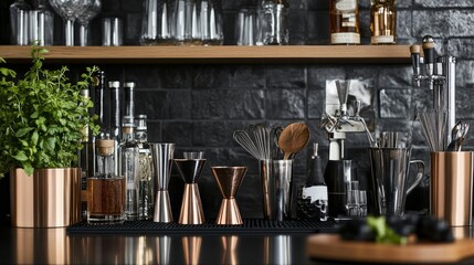 Poster - A sophisticated mixology station in a modern home bar, Cocktail tools and ingredients meticulously arranged, Elegant bar style