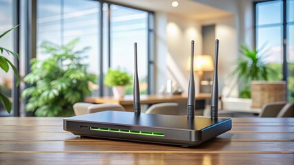 Poster - Macro Photography of a Wireless Router on a Desk Surrounded by Modern Technology and Cables, Highlighting Connectivity and Home Office Environment