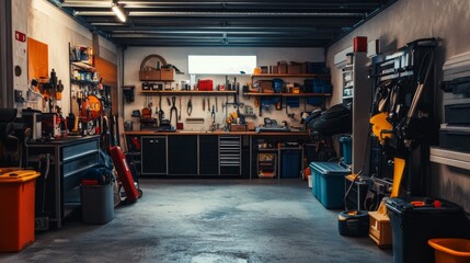 Poster - A spacious garage with a detailed setup for auto detailing, including polishes, waxes