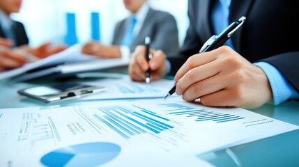 Poster - business meeting with focus on financial documents and market analysis, hands of professionals engag