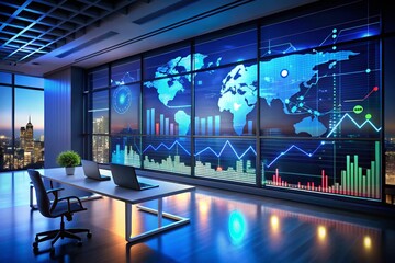 Poster - Modern Analytical Dashboard at Night Featuring Interactive Data Visualization, Infographics, and Business Intelligence Insights for Enhanced Decision-Making in a Corporate Environment