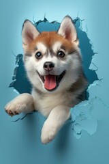 Sticker - A cute puppy peeks through a hole in a blue wall. AI.