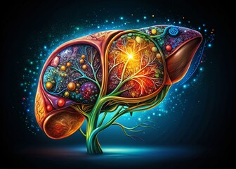 Poster - Night Photography of a Hand-Drawn Liver Illustration with Soft Ambient Lighting and Artistic Details Capturing the Intricacies of Human Anatomy in a Darkened Environment