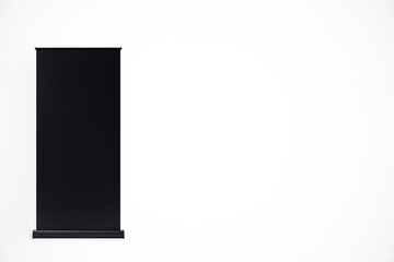 Poster - Black roll-up banner mockup on a clean white background for advertising and promotion display. Vertical black canvas frame. 3D Rendering