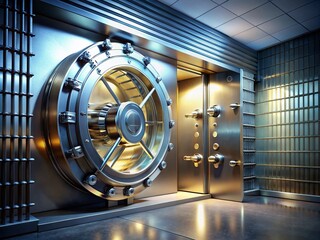 Poster - Night Photography of a Secure Bank Vault Door Featuring Keypad Entry and Biometric Scanner, Highlighting the Ultimate in Modern Security Systems and Technology