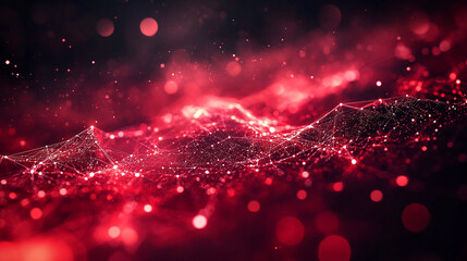 Poster - Red digital landscape with glowing network connections and stars in the night sky