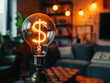 © Dmitriy - An illuminated incandescent light bulb forms a dollar sign, centered in a home interior backdrop