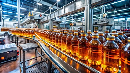 Aufkleber - Panoramic View of a Production Line Featuring Rows of Clear Plastic Bottles Filled with Amber Liquid in a Modern Manufacturing Facility