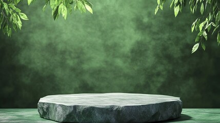 Wall Mural - Background for cosmetic products of natural green color. Stone podium on a green background. Front view.