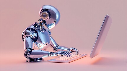 A 3D render of a humanoid robot typing on a contemporary computer keyboard. The robot should be rendered in chrome with a soft light source reflecting off it, giving it a high-tech feel.