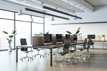 Aufkleber - Modern office interior with desks and chairs in front of large windows, overlooking the cityscape. 3D Rendering