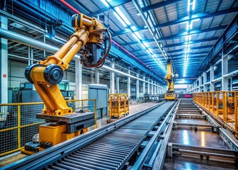Poster - Robotic Arm Automation in Modern Manufacturing: A Daytime View of Advanced Production Processes with Conveyor Belts and Precision Engineering in a State-of-the-Art Facility