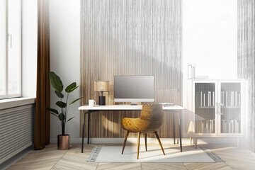 Poster - Modern workspace with wooden desk, chair, and computer setup in a cozy home office with natural light and plant decor.. 3D Rendering