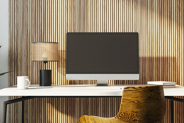 Aufkleber - Modern computer display on a sleek office desk with a contemporary wooden chair and lamp. Minimalist interior design setup. 3D Rendering