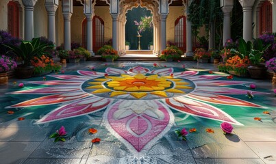 Poster - Colorful floral design on a  floor. AI.