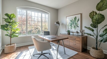 Aufkleber - Modern Home Office with Wooden Desk, Plants, and Natural Light