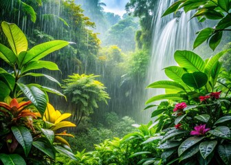 Canvas Print - A Serene Portrait of a Lush Green Jungle Embraced by a Gentle Rain Shower, Capturing Nature's Tranquility and Vibrancy in a Refreshing Tropical Atmosphere