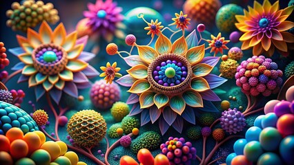 Poster - Stunning 3D Visualization of Digital Molecular Flowers Showcasing Intricate Floral Patterns in a Scientific Art Perspective for Architectural Photography Enthusiasts