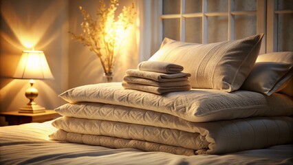 Wall Mural - Close Up of a Stack of Bed Linen in Silhouette - Serene Textures and Patterns with Soft Lighting for Home Decor and Interior Design Inspiration