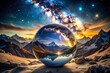 © Curie - Crystal Ball in a Mystical Landscape Revealing Cosmic Secrets and a Glimpse into the Future with Stars and Galaxies Reflecting on Its Surface in a Dreamlike Atmosphere