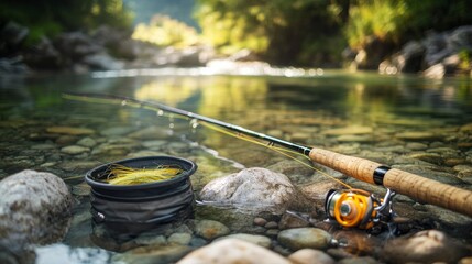 Aufkleber - A tidy fly fishing setup with rods and flies neatly placed by a clear stream, A peaceful riverside with gentle ripples and rocks, Minimalist aquatic style