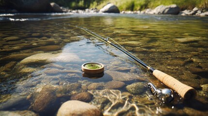 Aufkleber - A tidy fly fishing setup with rods and flies neatly placed by a clear stream, A peaceful riverside with gentle ripples and rocks, Minimalist aquatic style