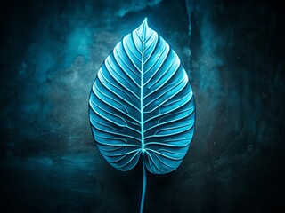 Sticker - Simple Hand Drawn Light Blue Tropical Leaf Growing from a Black Line in Low Light Photography Style for Nature and Botanical Art Enthusiasts