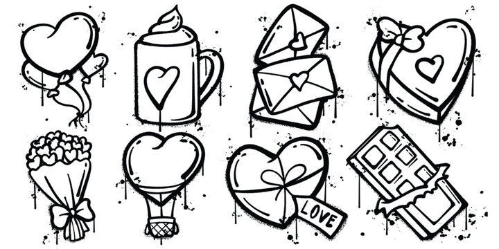 Set of graffiti spray paint valentines day elements vector illustration