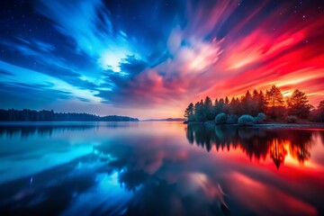 Sticker - Stunning Night Photography of a Red, Blue, and White Gradient Background with Blurred Edges, Perfect for Abstract Art, Backgrounds, and Digital Design Projects