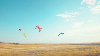 Poster - A tidy kite flying setup with kites and strings neatly laid out, A breezy open field with a clear, blue sky