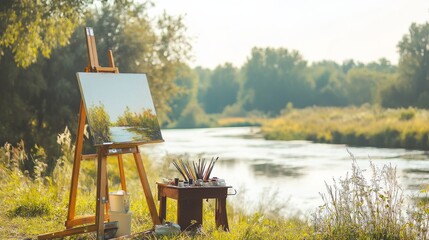 Aufkleber - A tidy outdoor painting station with easels and watercolors neatly placed by a scenic riverbank, A calm riverside with soft light and natural beauty, Minimalist artistic style