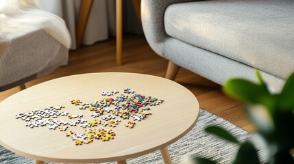 Poster - A tidy puzzle workspace with puzzle pieces and a partially completed puzzle neatly arranged on a table, A cozy room with soft ambient lighting and comfortable seating, Minimalist recreational style