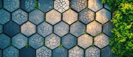 Wall Mural - Aerial view of hexagonal stone pavement with greenery.