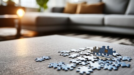 Poster - A tidy puzzle workspace with puzzle pieces and a partially completed puzzle neatly arranged on a table, A cozy room with soft ambient lighting and comfortable seating, Minimalist recreational style