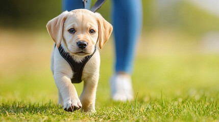 Fototapete - Cute puppy wearing a mini harness and walking calmly beside a trainer in a grassy area showcasing pet training services with side empty space for text Stockphoto style