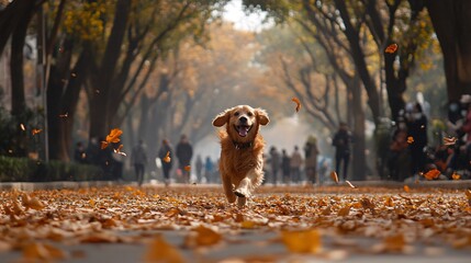 Fototapete - Golden retriever playing in an open park area with other dogs and people around in a lively pet-friendly community setting with side empty space for text Stockphoto style