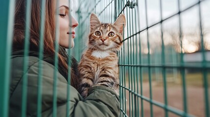 Aufkleber - Adopted kitten nestled in volunteers arms at an animal shelter radiating warmth and compassion with side empty space for text Stockphoto style