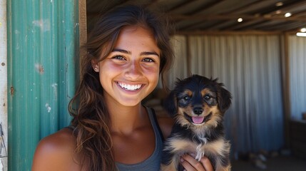 Fototapete - Volunteer gently holding a puppy with a big smile in a pet adoption event capturing the joy of pet rescue with side empty space for text Stockphoto style