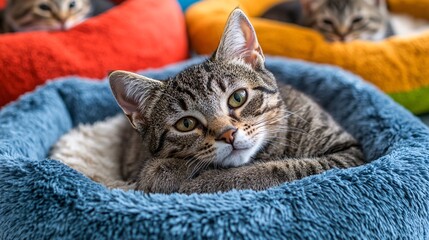 Fototapete - Two cats lying on cozy beds in a pet boarding facility showing a clean and safe space for pet care with side empty space for text Stockphoto style