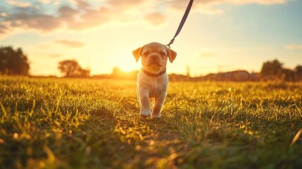 Fototapete - Pet trainer guiding a young puppy through obedience commands on a soft, grassy field highlighting pet training support with side empty space for text Stockphoto style