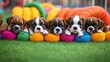 © anantachat - Group of playful puppies enjoying a doggy daycare facility with colorful toys and comfortable lounging areas representing pet care services with side empty space for text Stockphoto style