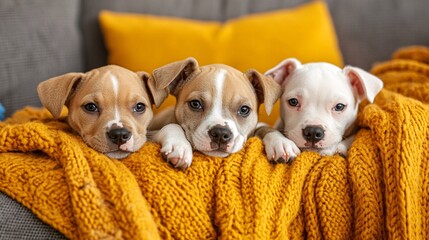 Fototapete - Group of playful puppies enjoying a doggy daycare facility with colorful toys and comfortable lounging areas representing pet care services with side empty space for text Stockphoto style