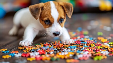 Fototapete - Young dog playing with a puzzle feeder on a wooden floor highlighting pet enrichment and interactive products with side empty space for text Stockphoto style