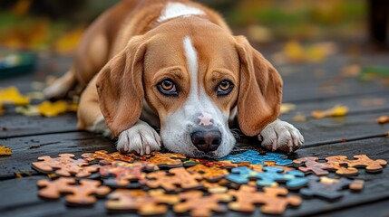 Fototapete - Young dog playing with a puzzle feeder on a wooden floor highlighting pet enrichment and interactive products with side empty space for text Stockphoto style
