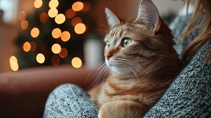 Fototapete - Cat comfortably sitting on owners lap at a pet-friendly cafe with relaxed ambiance capturing cozy pet moments with side empty space for text Stockphoto style