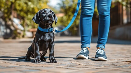 Fototapete - Owner putting a leash on a puppy at a sunny park entrance ready for a fun outdoor walk showing pet care and bonding with side empty space for text Stockphoto style