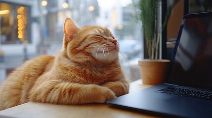 Fototapete - Cat comfortably sitting on owners lap at a pet-friendly cafe with relaxed ambiance capturing cozy pet moments with side empty space for text Stockphoto style