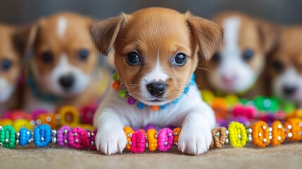 Sticker - Owner shopping for colorful pet collars at a pet store with attentive pet by their side capturing quality products with side empty space for text Stockphoto style