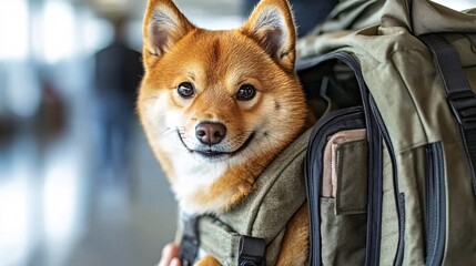 Fototapete - Pet carrier with a cute puppy peeking out as owner prepares for travel showing practical pet products with side empty space for text Stockphoto style