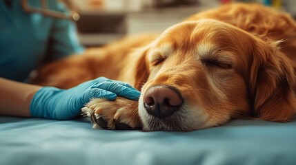 Fototapete - Friendly groomer trimming a dogs nails in a bright, clean salon environment showing professional pet care with side empty space for text Stockphoto style